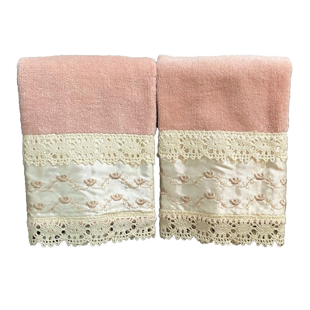 2 Pink Vtg AVANTI Wash Cloth Hand Towels Ivory LACE Floral USA Granny Cottage